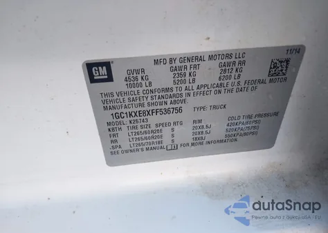 2015 Chevrolet Silverado 2500Hd High Country z USA, uszkodzony, nr VIN 1GC1KXE8XFF536756